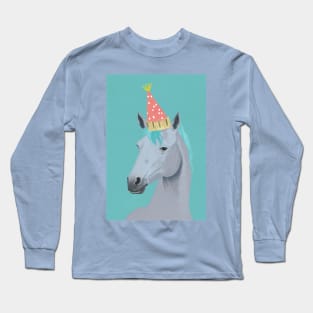 Horse with Party Hat Portrait - David Hockney Style Artwork Long Sleeve T-Shirt